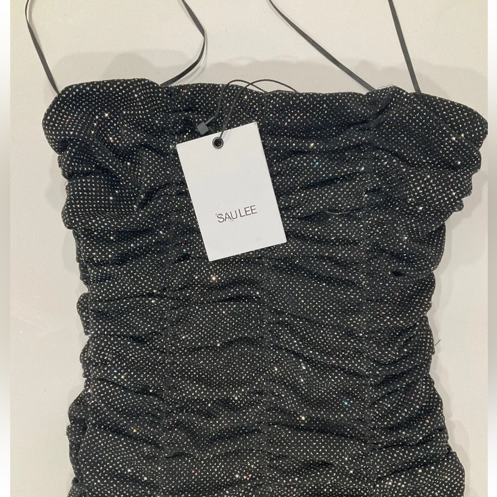 Sau Lee Farrah Sparkly Ruched Midi Dress Only In Black $450 MSRP Sz US 2 NWT